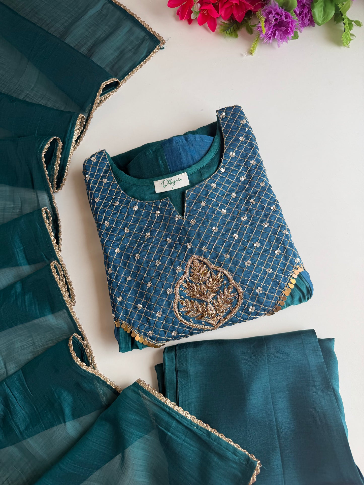 K603 - Mul chanderi handwork Anarkali with pants and dupatta in 2 colours