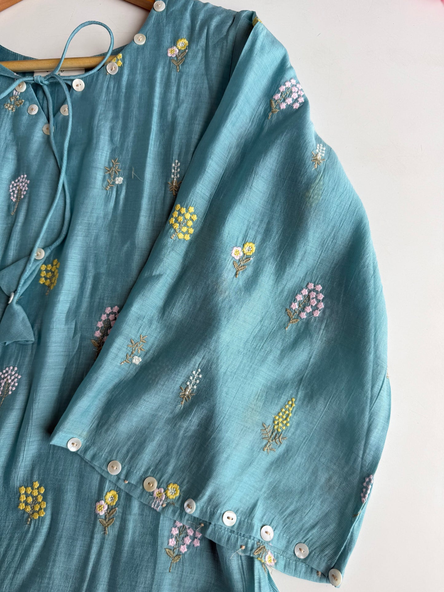 K736 - Surat Mul chanderi paisley embroidered Aline Kurti with pants and dupatta in 2 colours