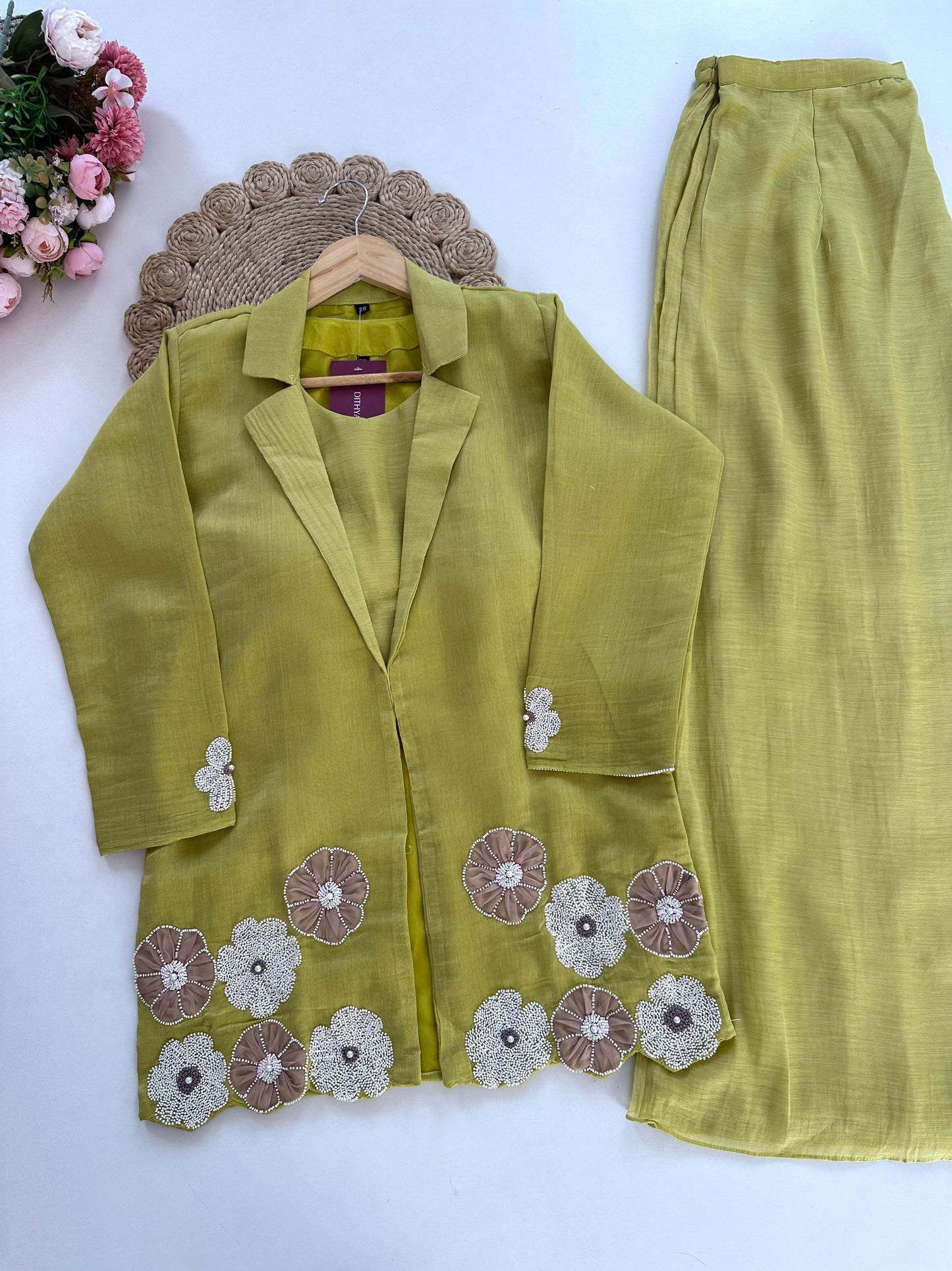 K171 - Mul Chanderi pearl work blazer set with palazzo in 2 colours