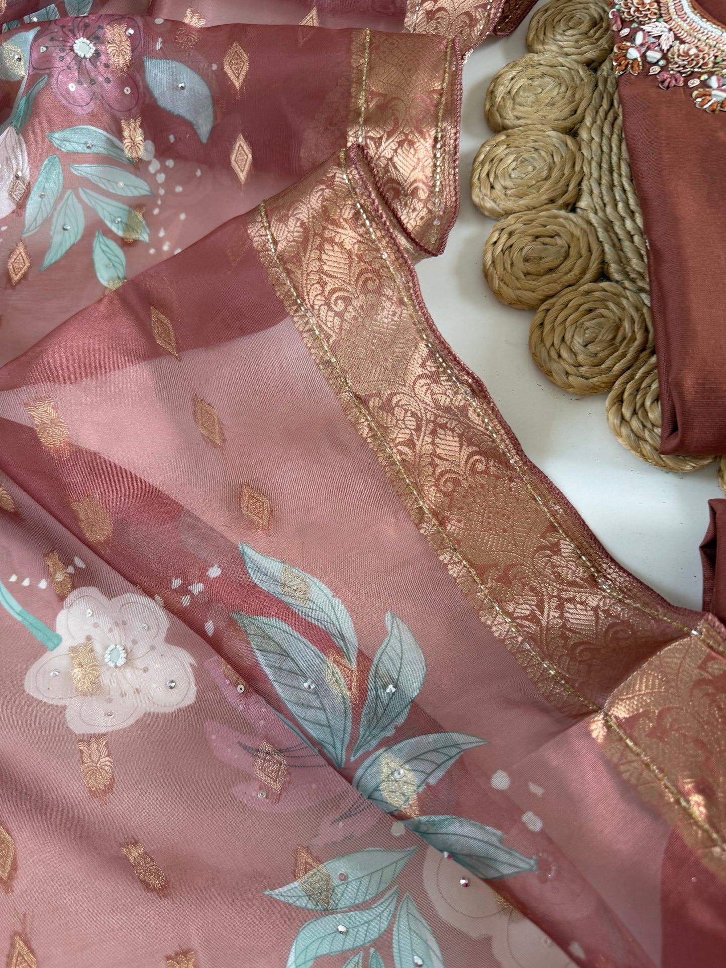 K526 - Roman silk handwork straight Kurti with pants and dupatta