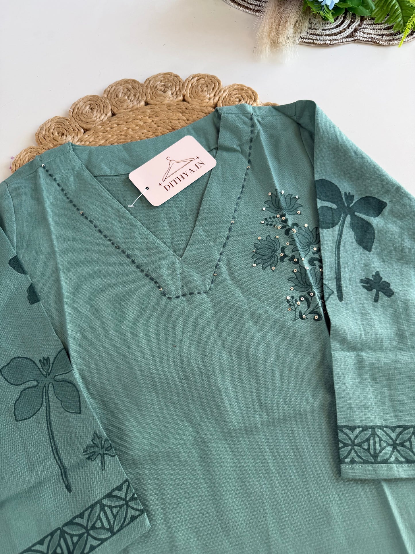 K597 - Cotton embroidered straight Kurti with pants and dupatta