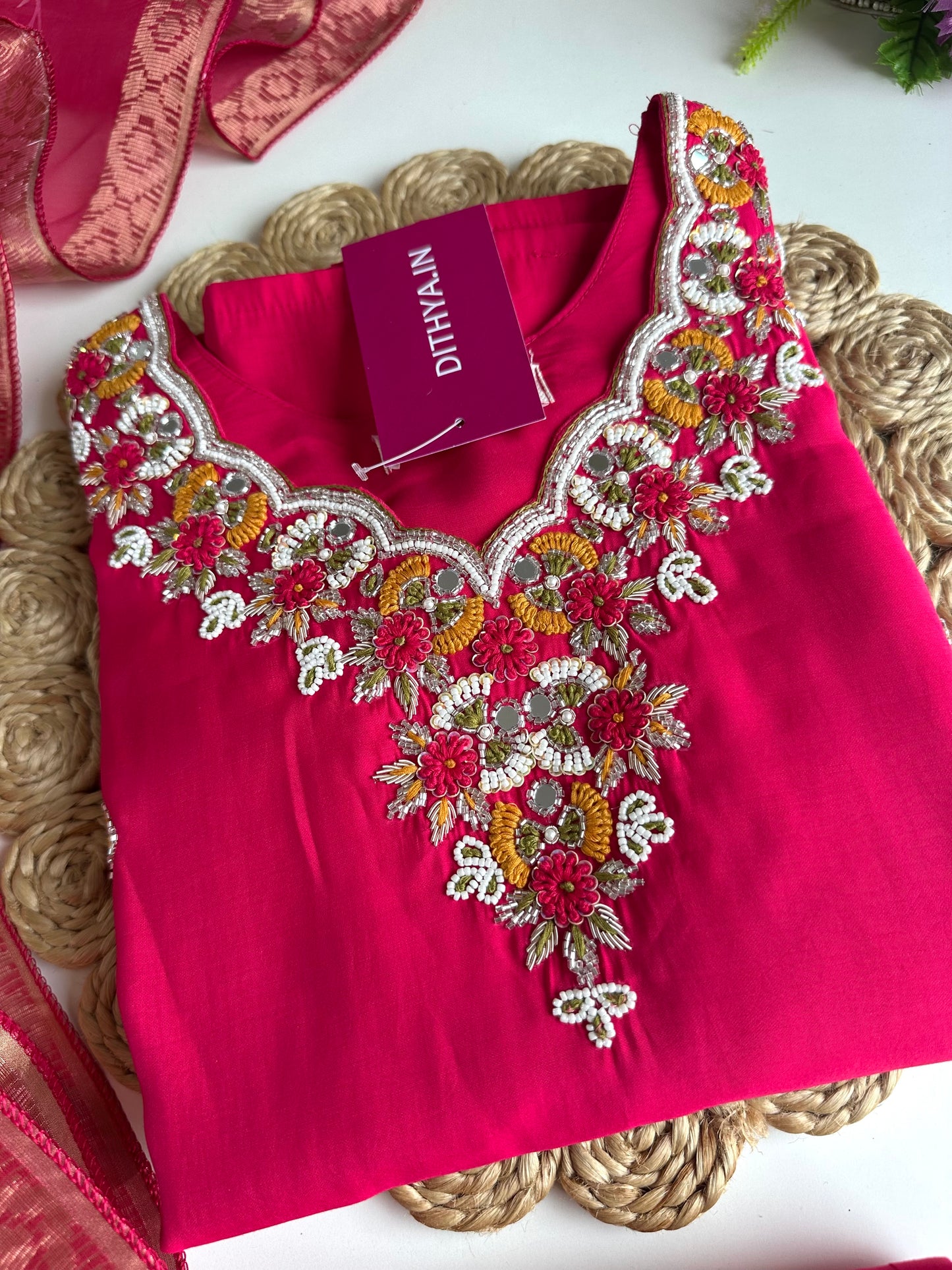 K274 - Roman silk handwork straight Kurti with pants and dupatta