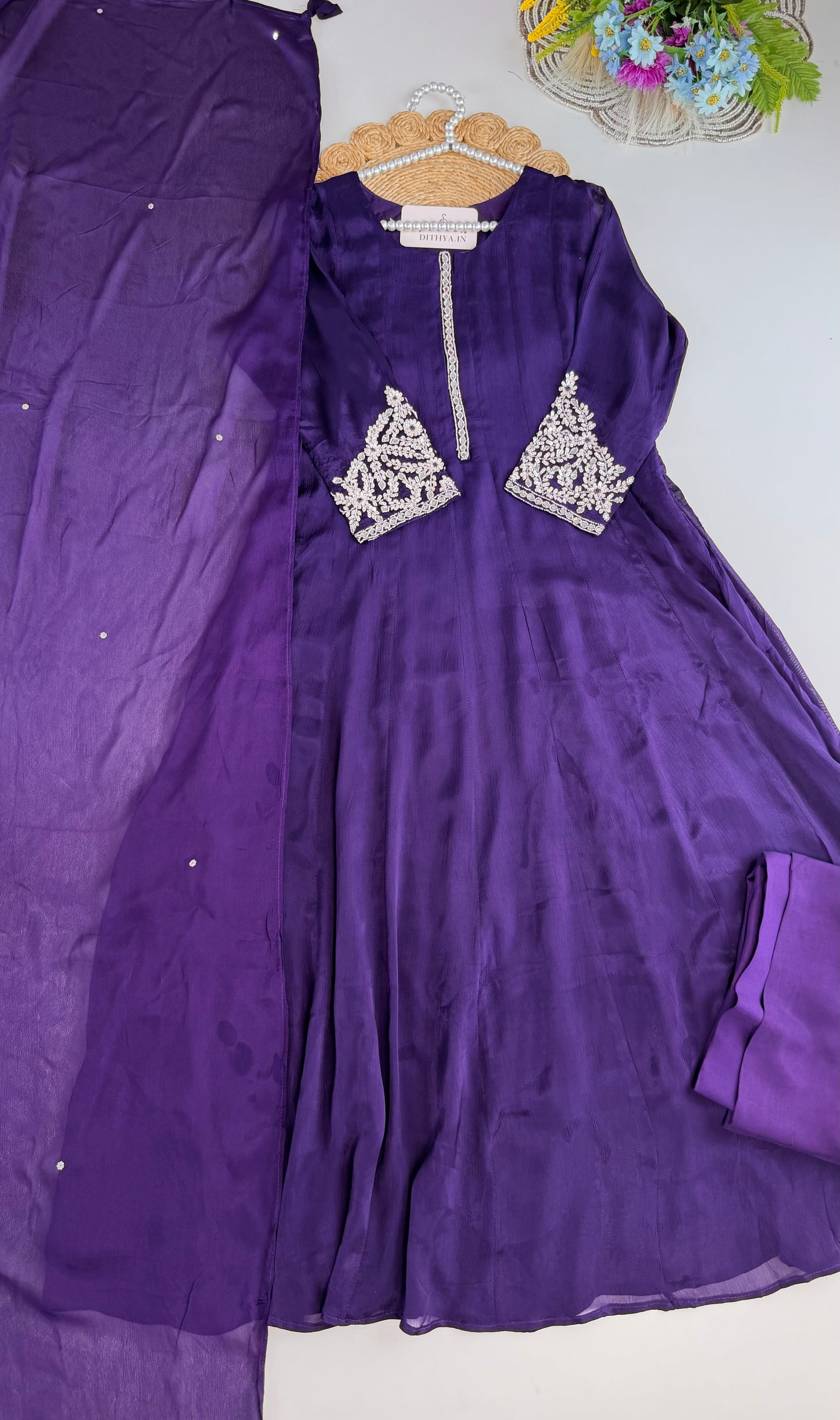 K538 - Chinnon handwork Anarkali with pants and dupatta in 2 colours