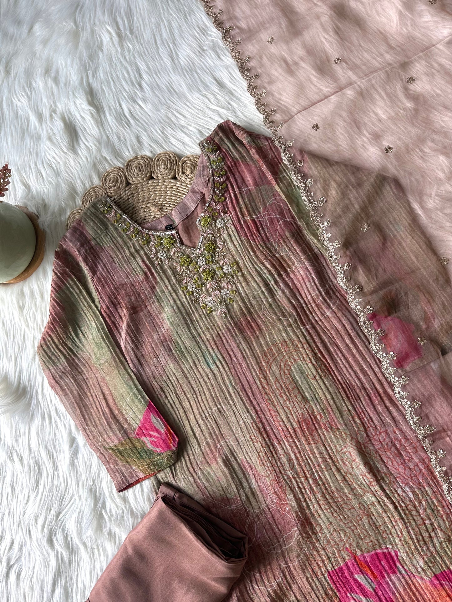 K107 - Crushed Tissue silk handwork straight kurti with pants and organza dupatta .