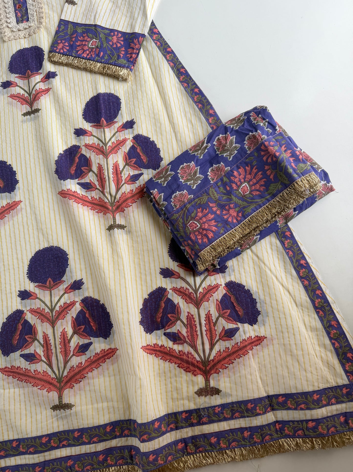 K344 - Mul cotton embroidered Aline Kurti with pants and dupatta