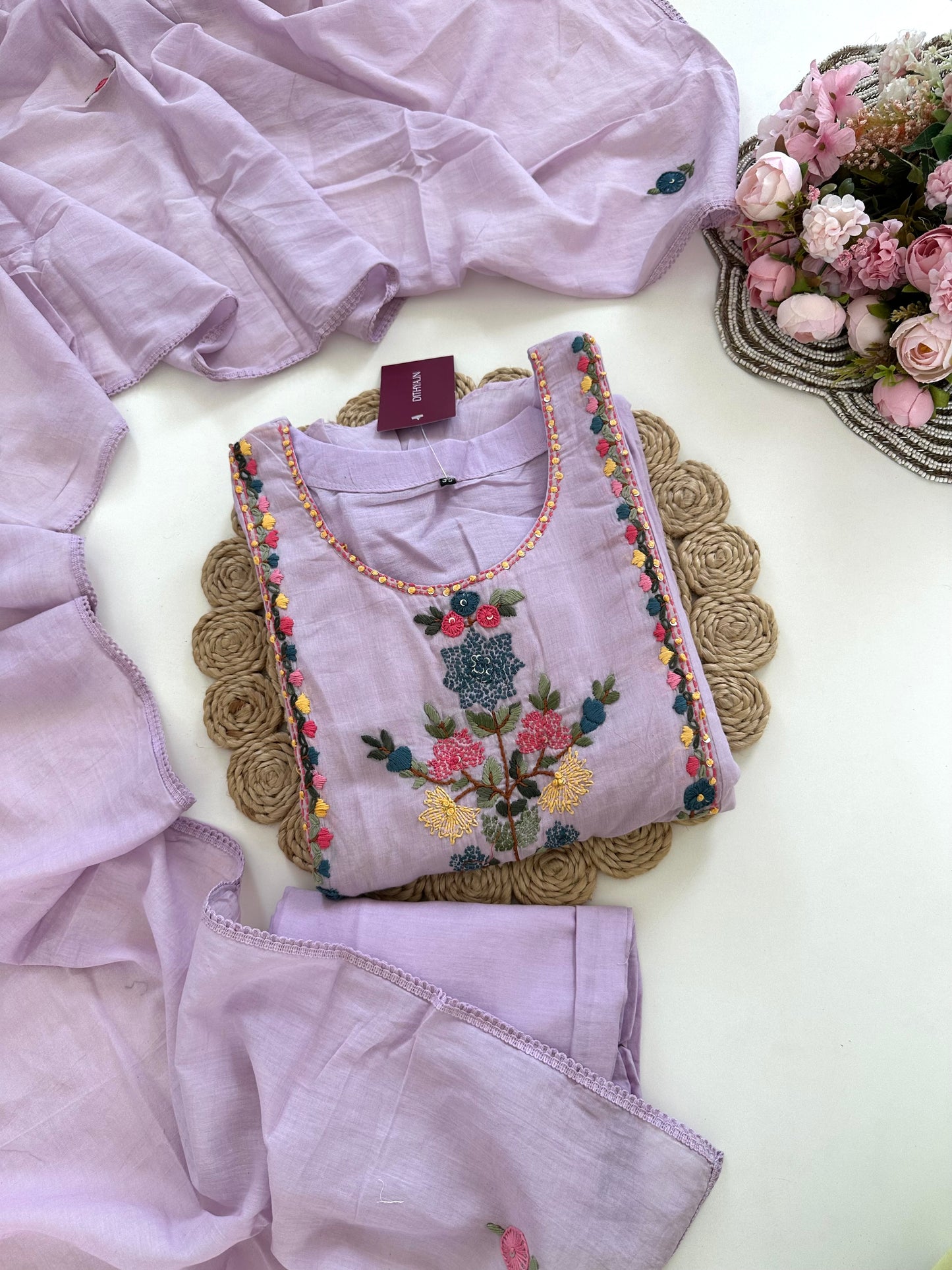 K157 - Mul cotton embroidered Anarkali with pants and dupatta in 2 colours