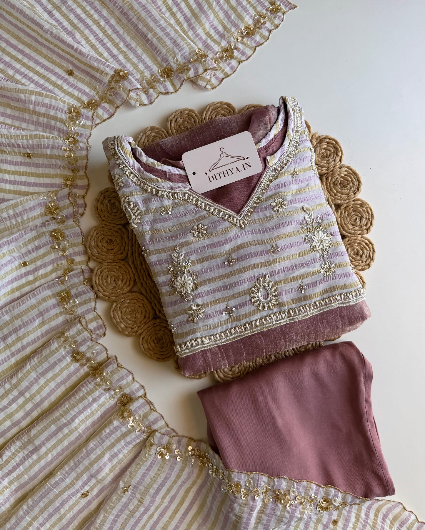 K684 - Crushed tissue handwork Aline Kurti with pants and dupatta