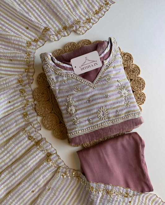 K684 - Crushed tissue handwork Aline Kurti with pants and dupatta