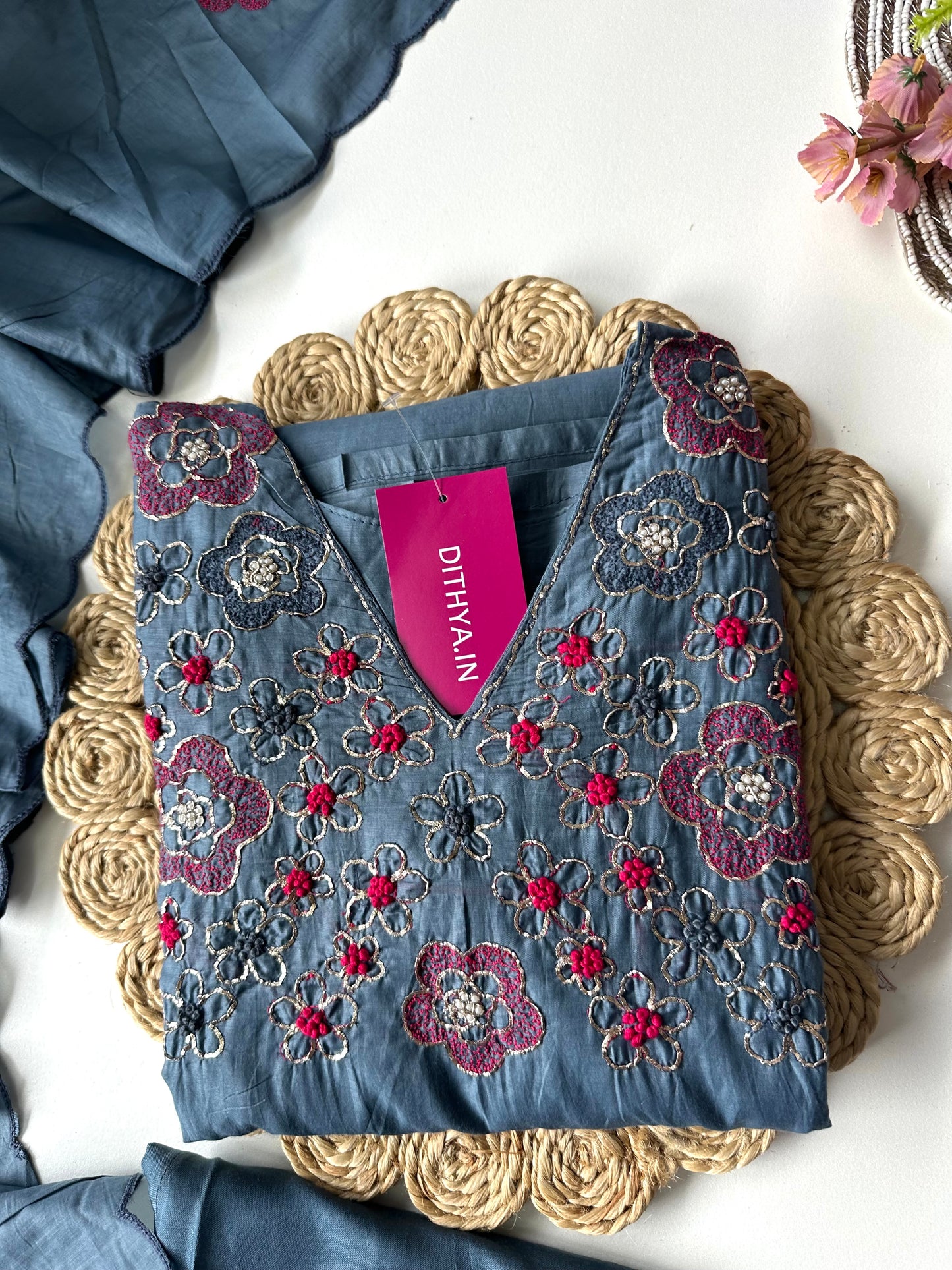 K375 -Mul Chanderi handwork Aline Kurti with pants and dupatta