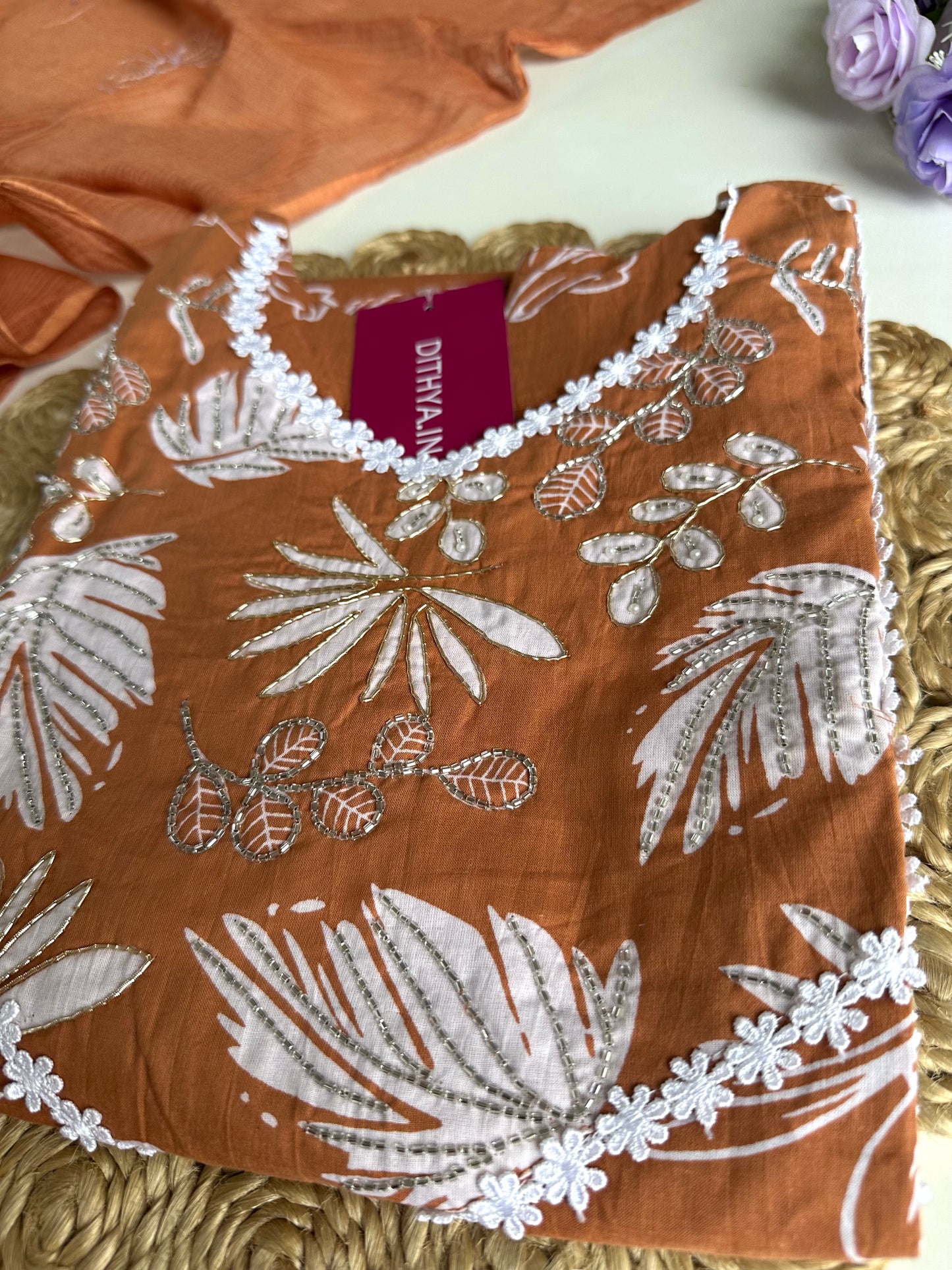 K217 - Cotton floral straight kurti with pants and dupatta