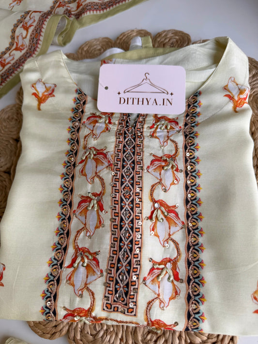 K554 - Muslin silk handwork straight Kurti with pants and dupatta
