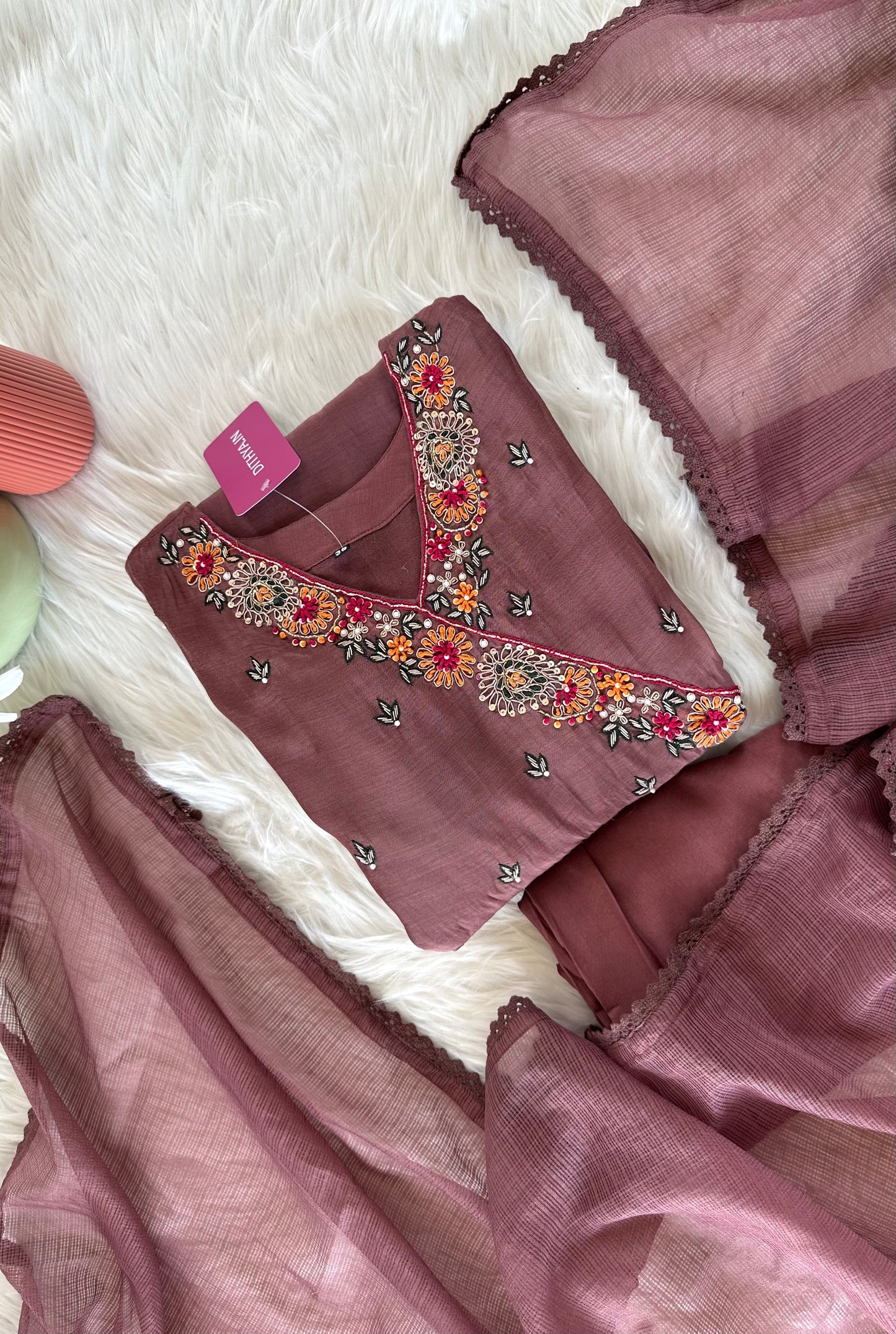 K404 - Mul Chanderi Handwork Angrakha Aline Kurti with pants and dupatta
