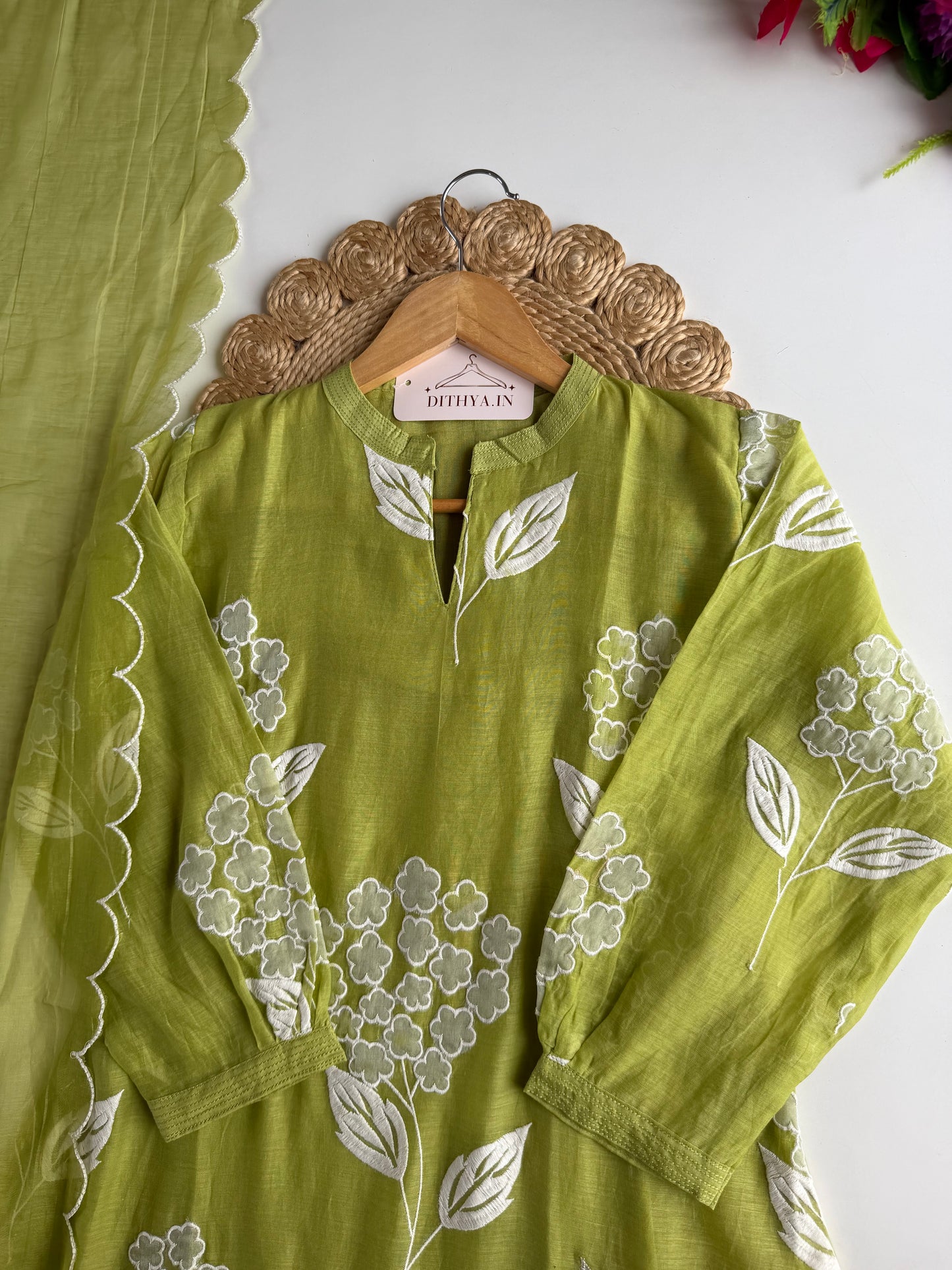 K537 - Mul chanderi appliqué work aline Kurti with pants and dupatta in 2 colours