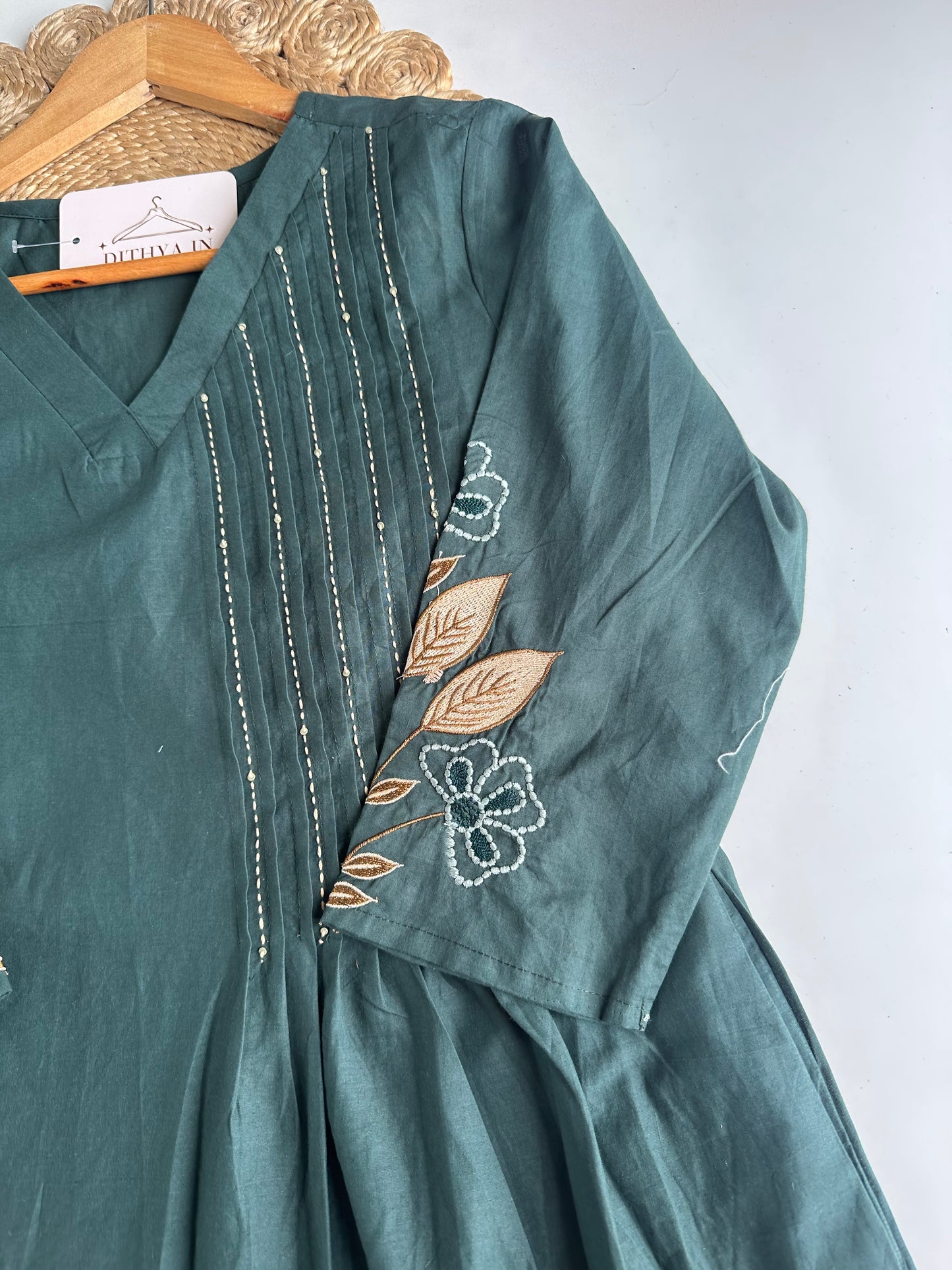 K715 - Mul cotton embroidered Aline Kurti with pants and dupatta