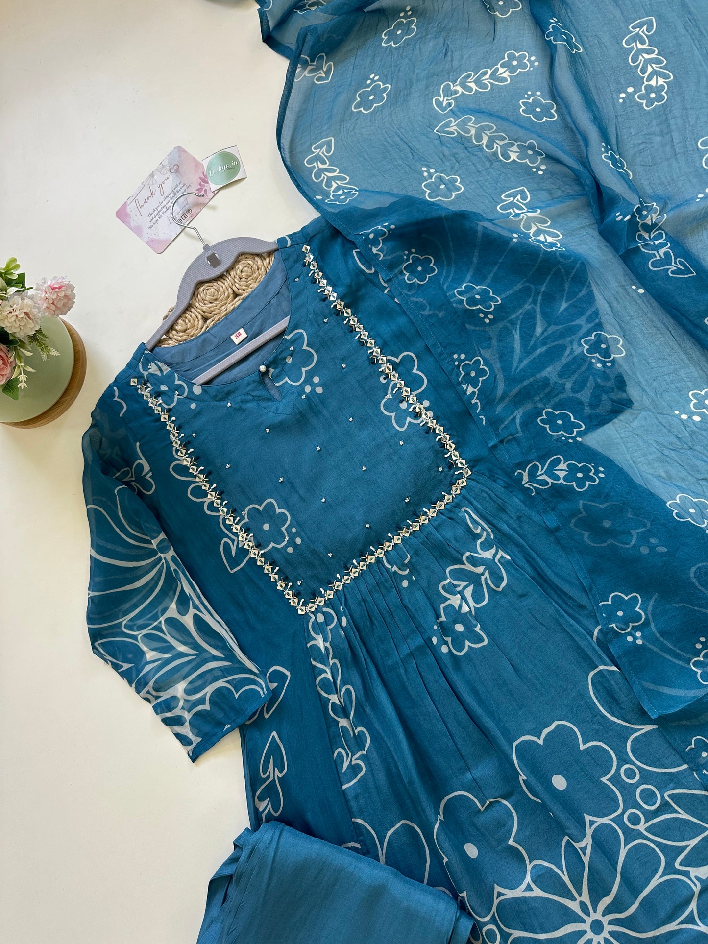 K132 - Viscose Organza Floral Anarkali with pants and dupatta.