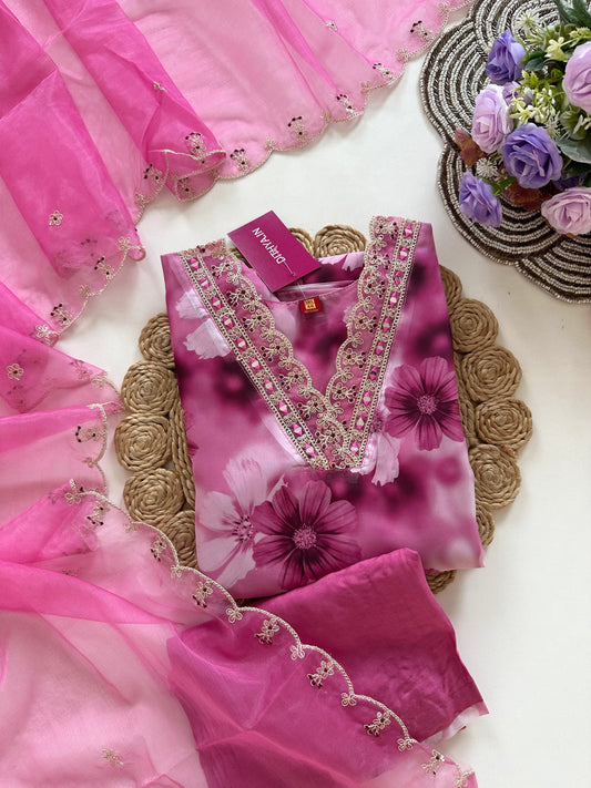 D118 - Viscose Organza silk straight kurti with pants and dupatta