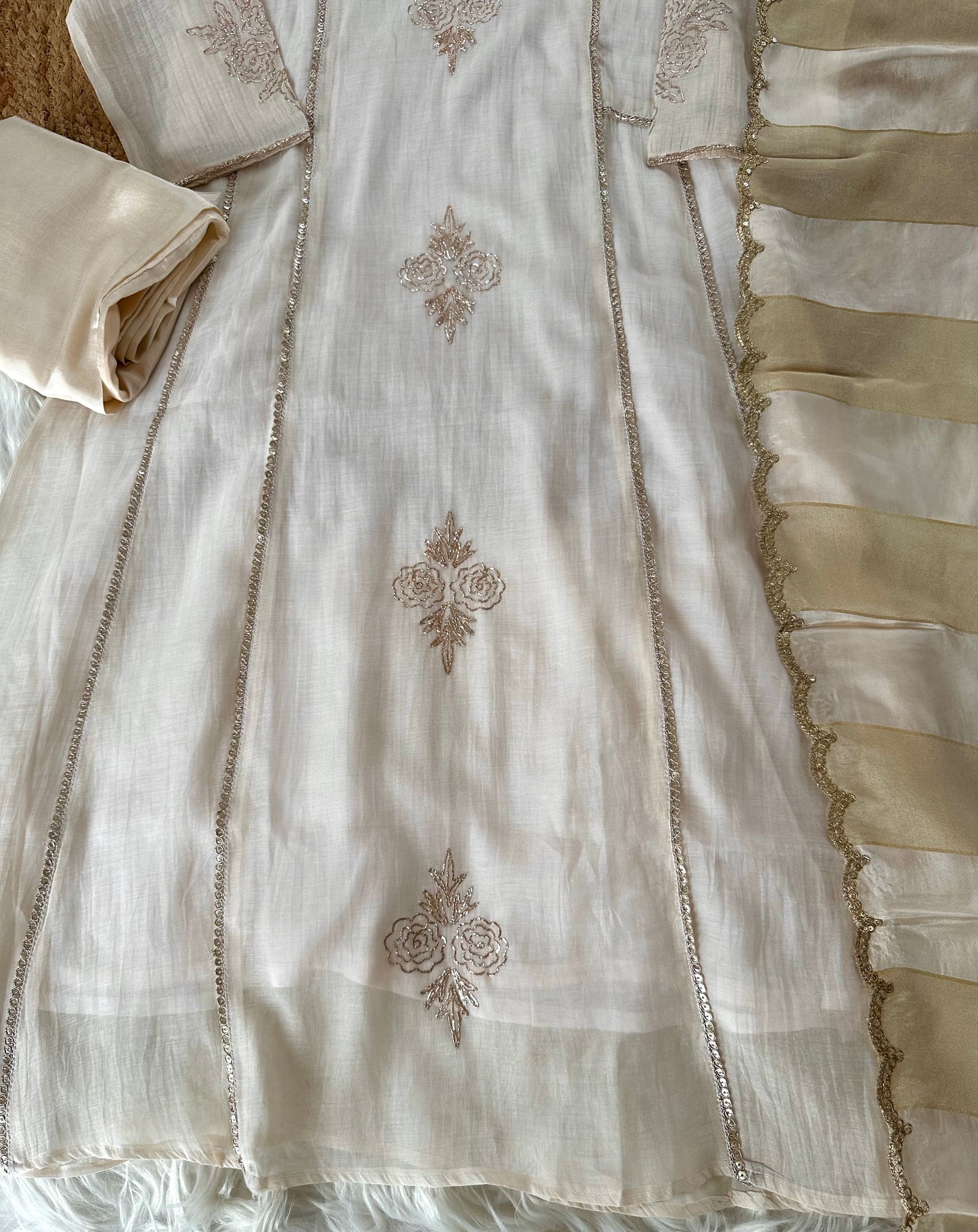 K259 - Mul Chanderi pita work Aline Kurti with pants and dupatta