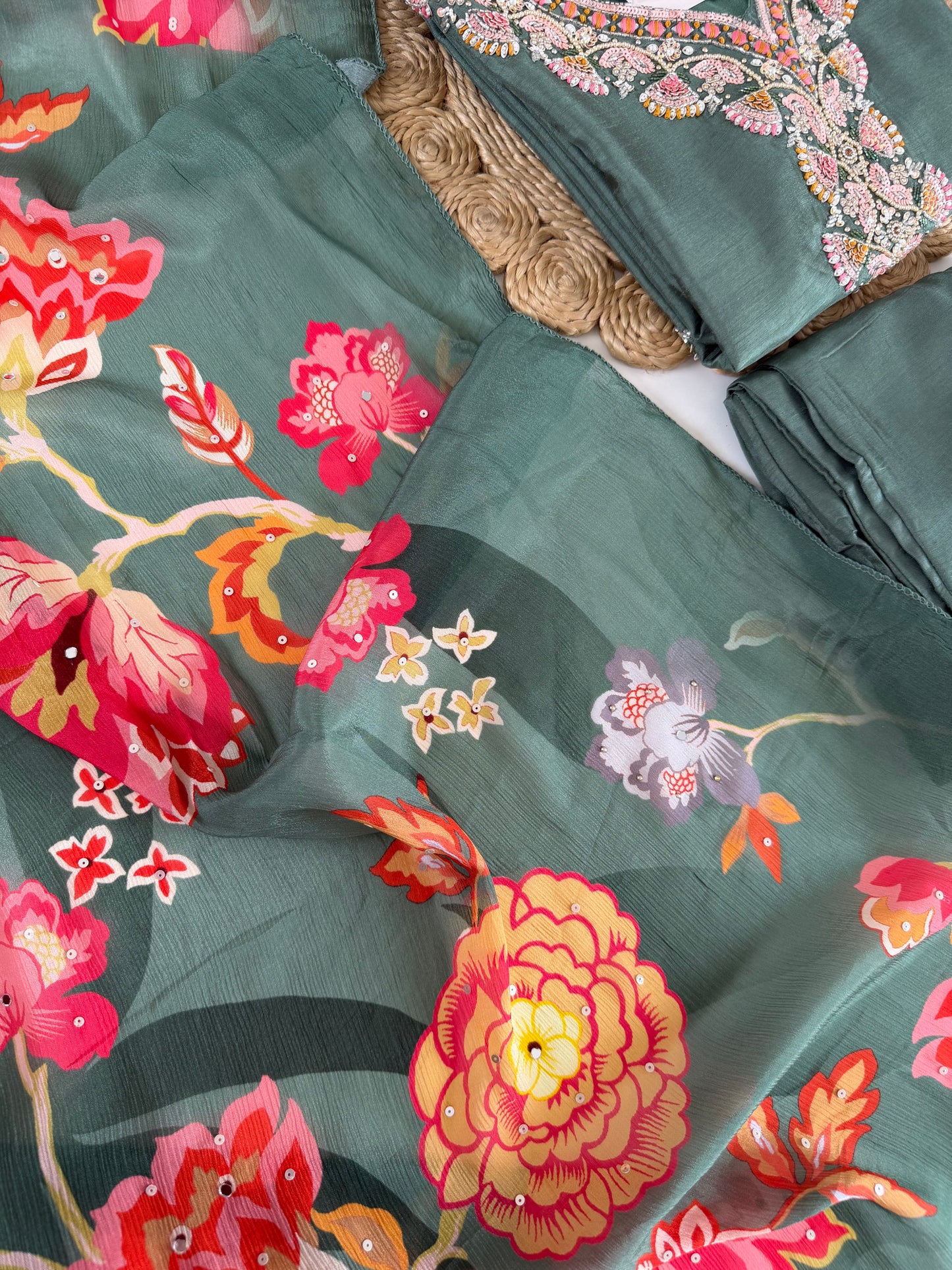 K642 - Dola silk Handwork straight Kurti with pants and dupatta