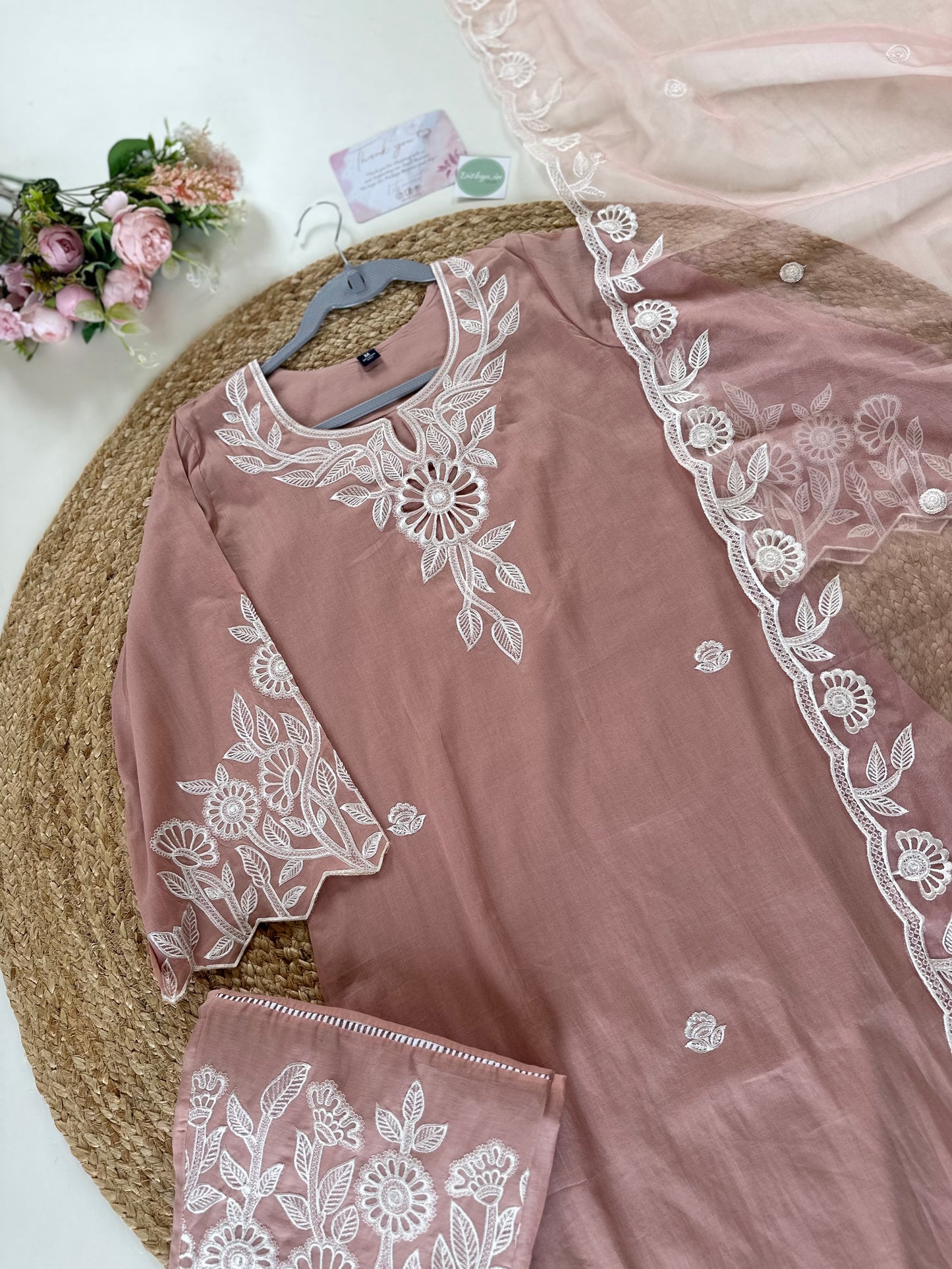 K316 - Mul cotton embroidered kurti With palazzo and organza dupatta .