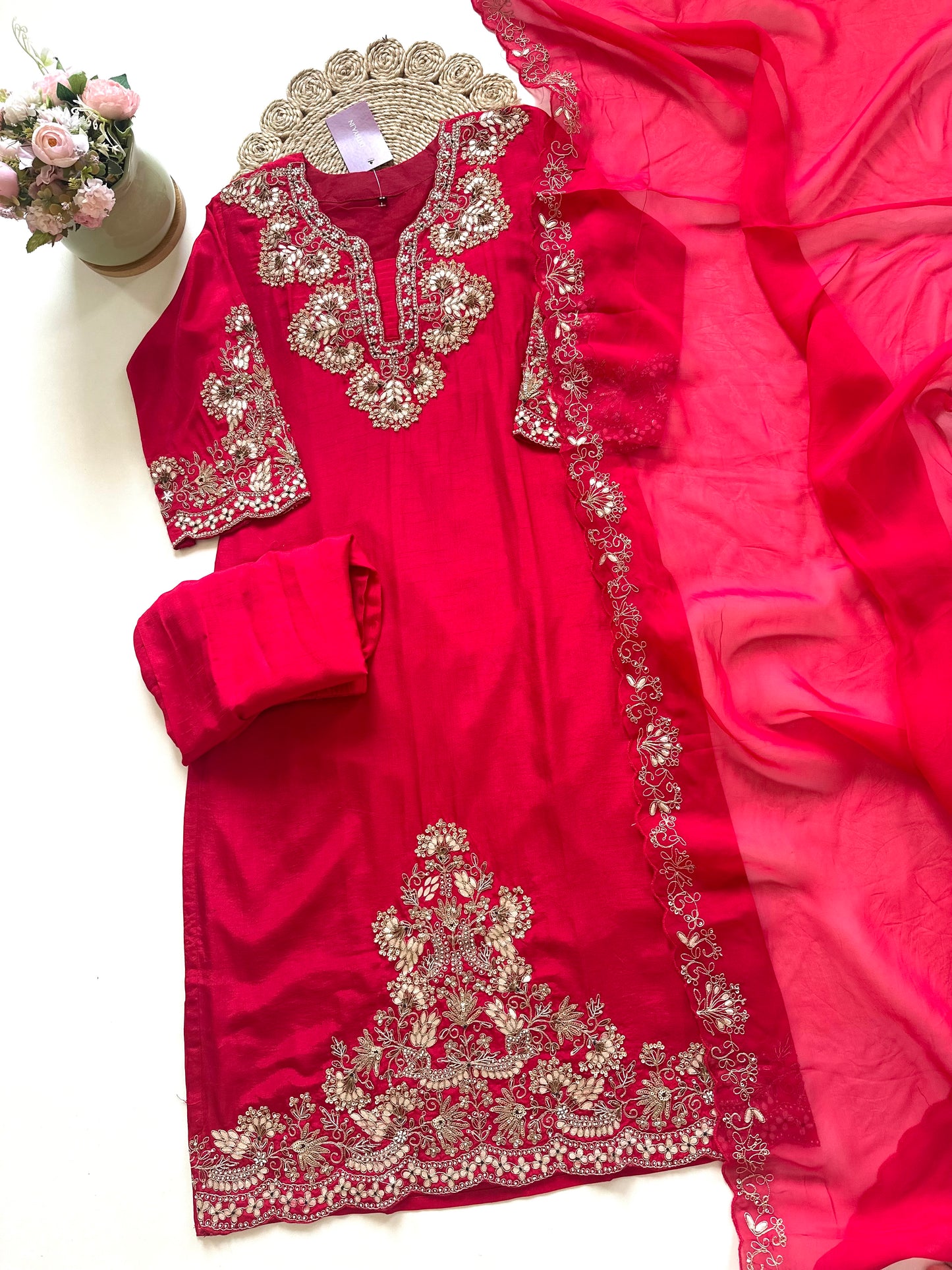 K208 - Russian silk Handwork straight Kurti with pants and organza dupatta.