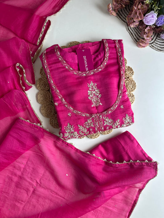K076 - Mul Chanderi handwork Anarkali with side slit, straight pants and dupatta