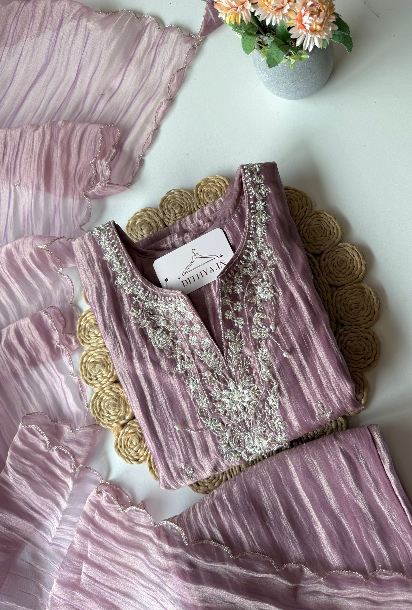 K102 - Crush Glass tissue silk handwork straight Kurti with pants and dupatta