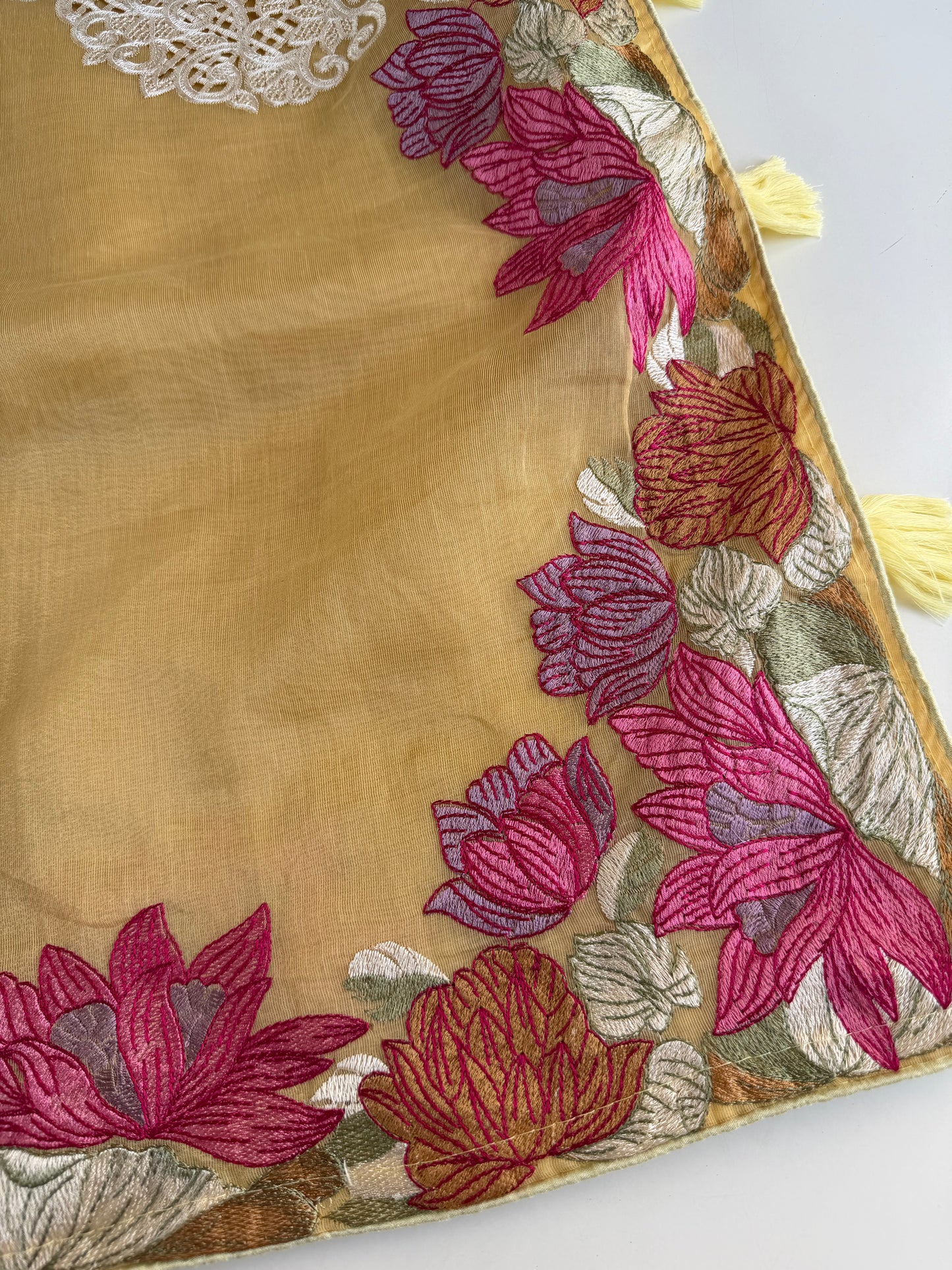S020 - Soft organza appliqué embroidered saree in 3 colours