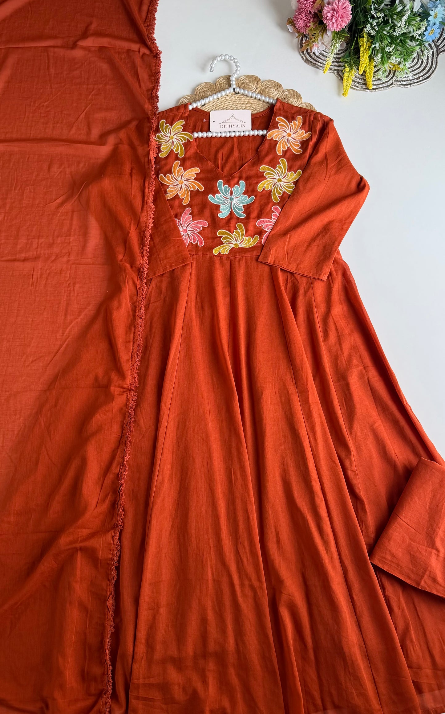 K667 - Mul cotton embroidered Anarkali with pants and dupatta