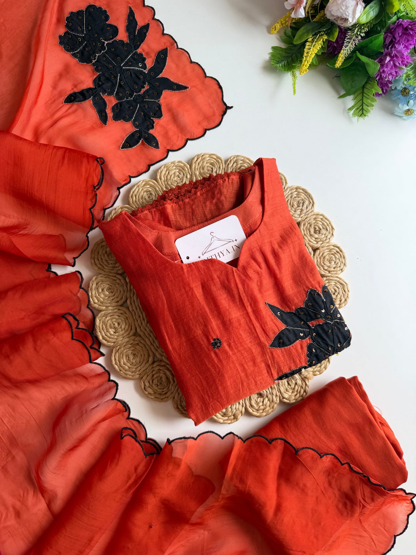 K391 - Mul chanderi handwork aline Kurti with pants and dupatta