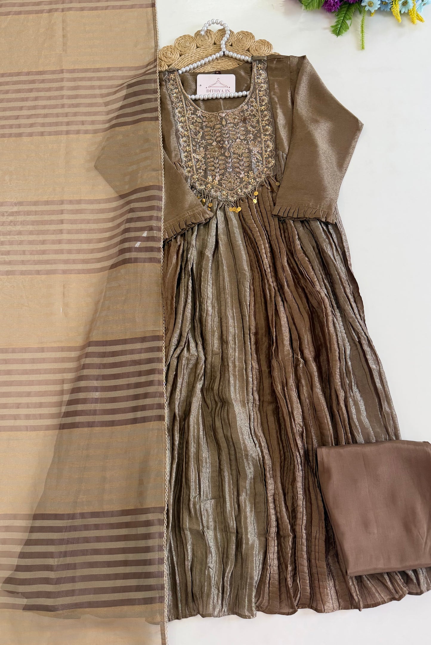 K228 - Crush tissue handwork Anarkali with pants and dupatta