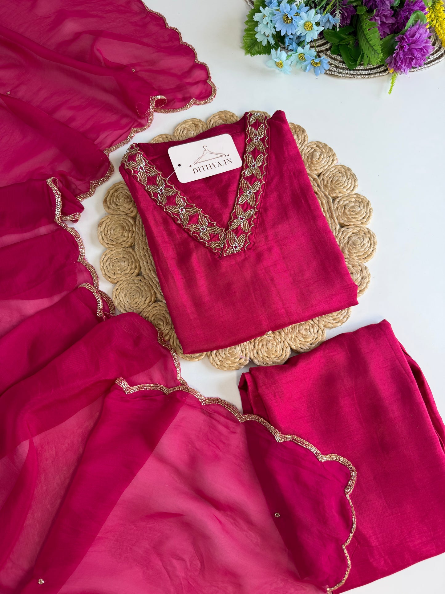 K344 - Russian silk handwork straight Kurti with pants and dupatta