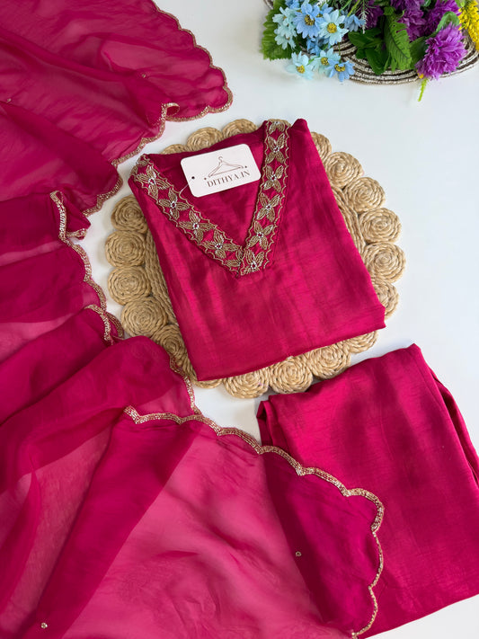 K344 - Russian silk handwork straight Kurti with pants and dupatta