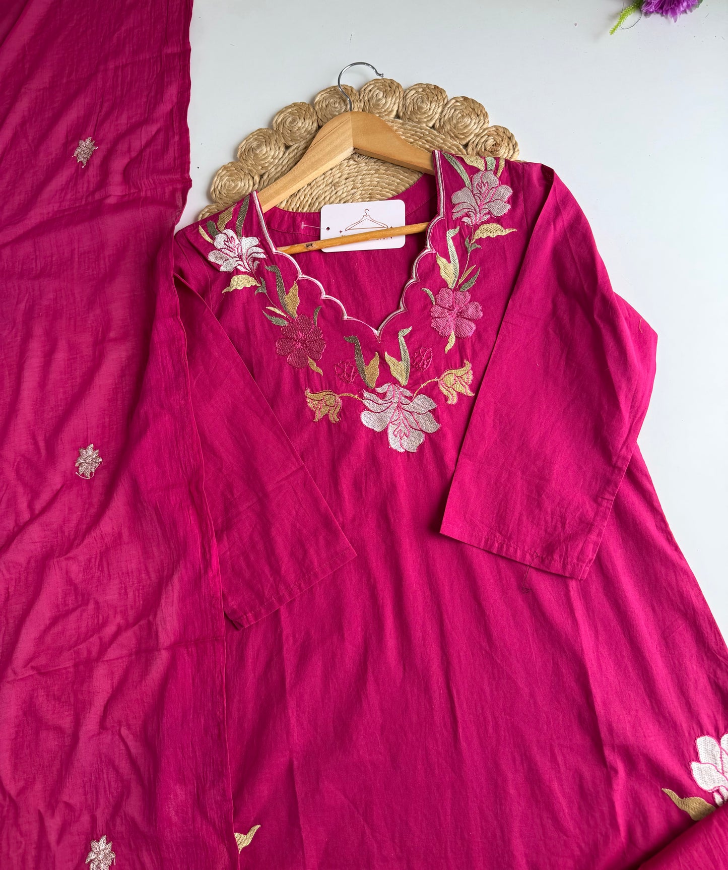 K114 - Mul cotton embroidered straight Kurti with pants and dupatta