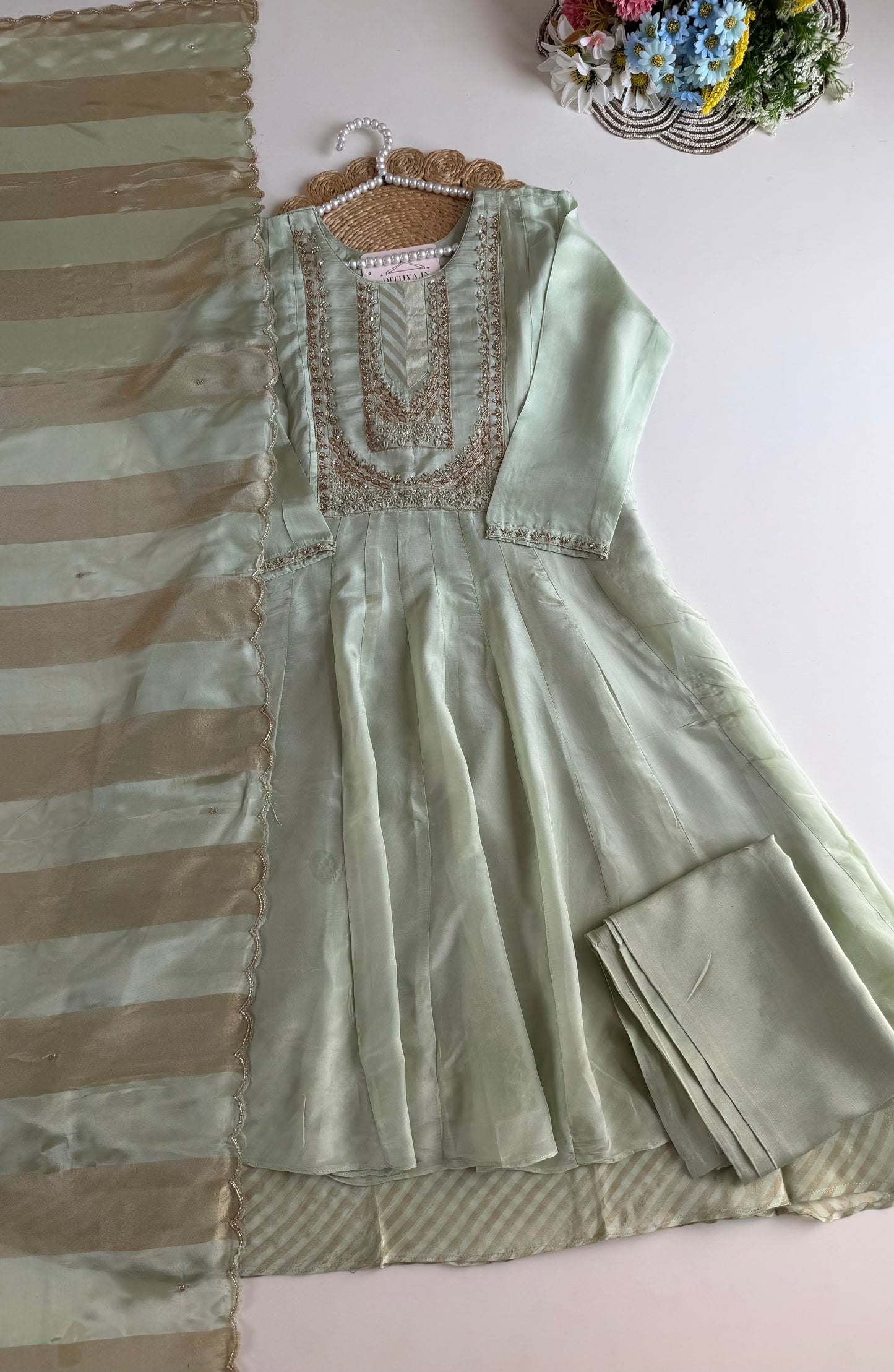 K133 - Tissue silk handwork Anarkali with pants and dupatta