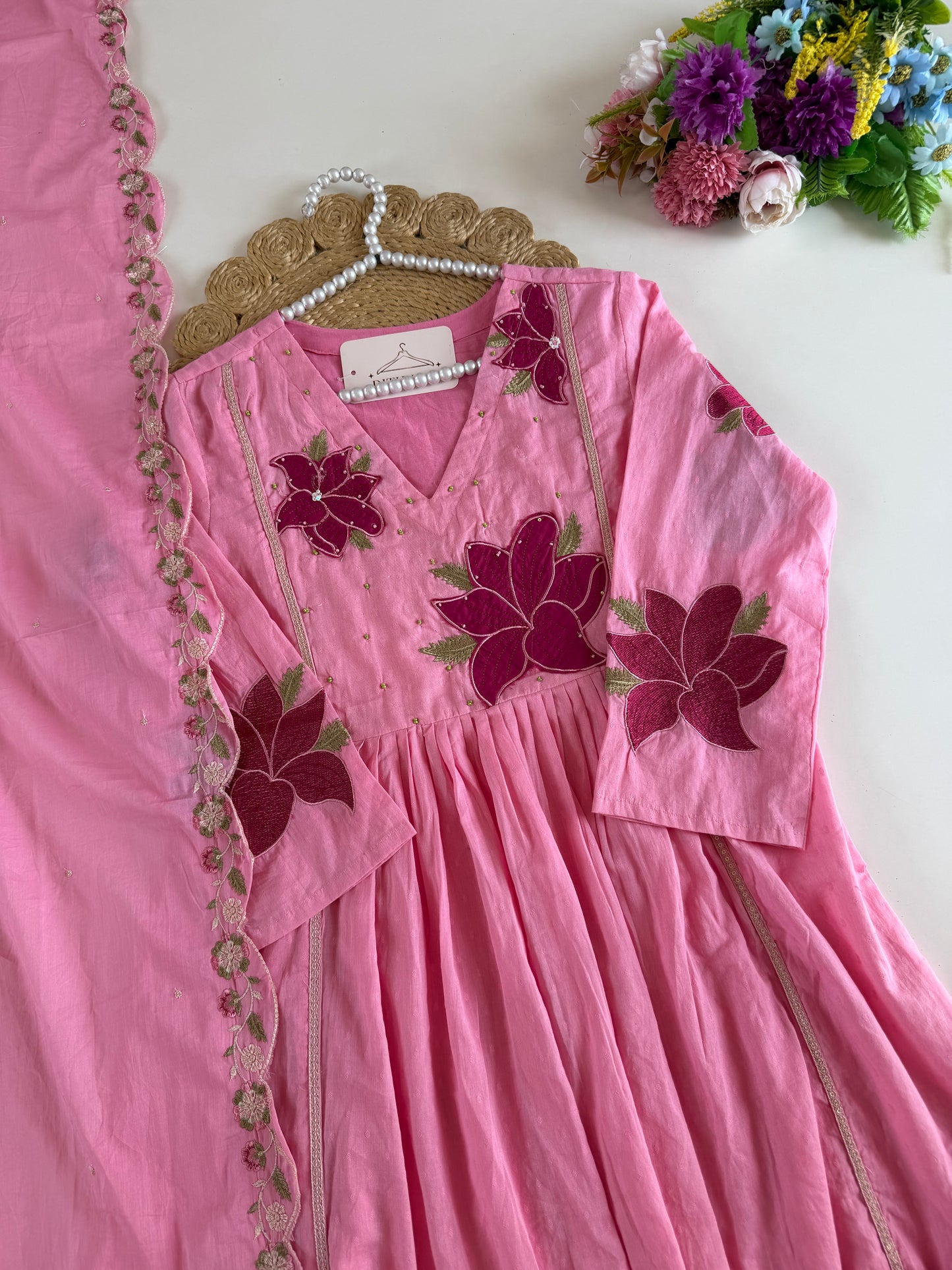 K215 - Mulmul cotton embroidered Anarkali with pants and dupatta