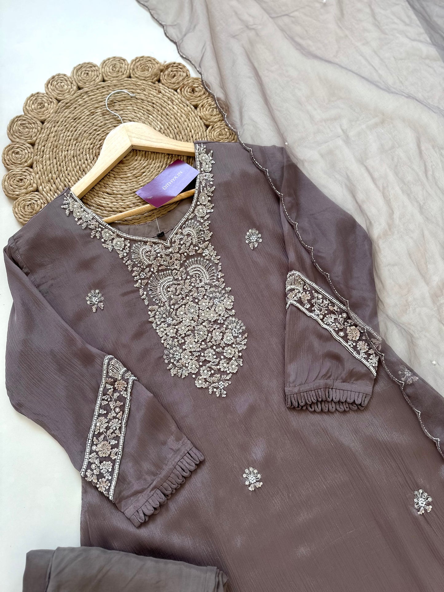 K382 - Pure chinnon handwork Anarkali with pants and dupatta.