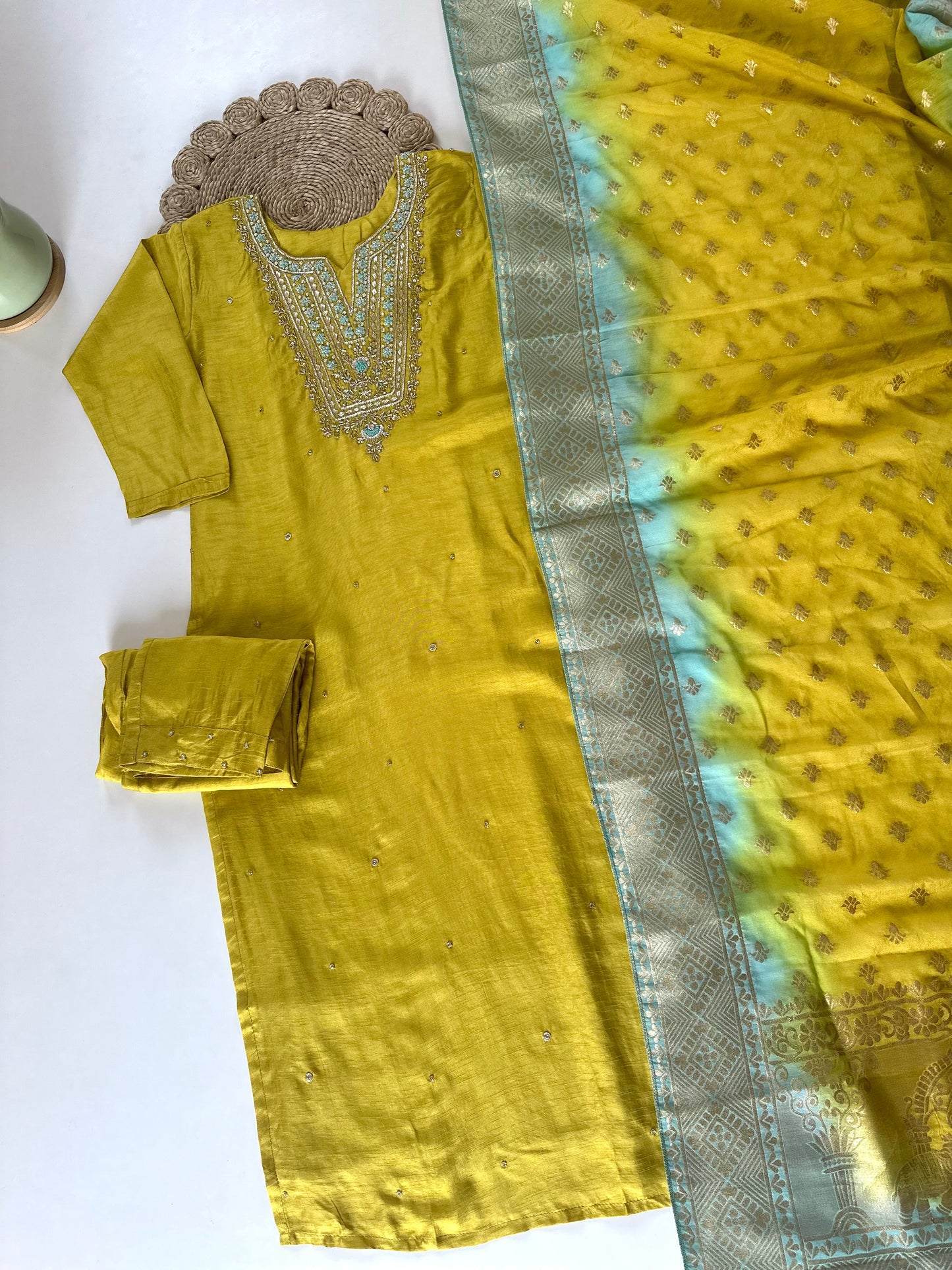 K309 - Zardosi work Russian silk straight kurti with pants and Banarasi silk dupatta .