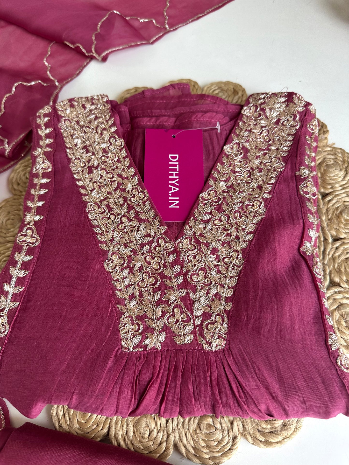 K165 - Mul Chanderi handwork Aline Kurti with pants and dupatta