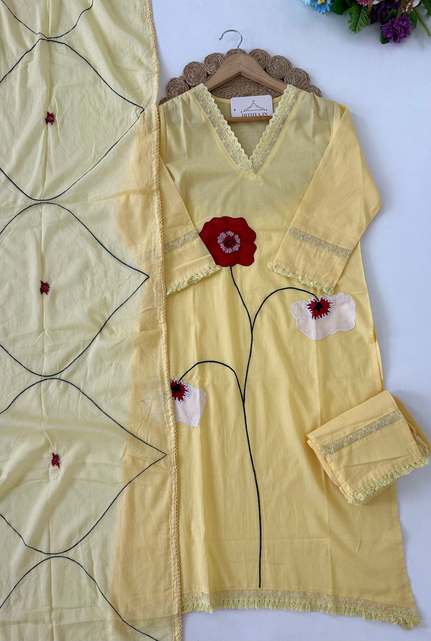 K218 - Mul cotton embroidered straight Kurti with pants and dupatta
