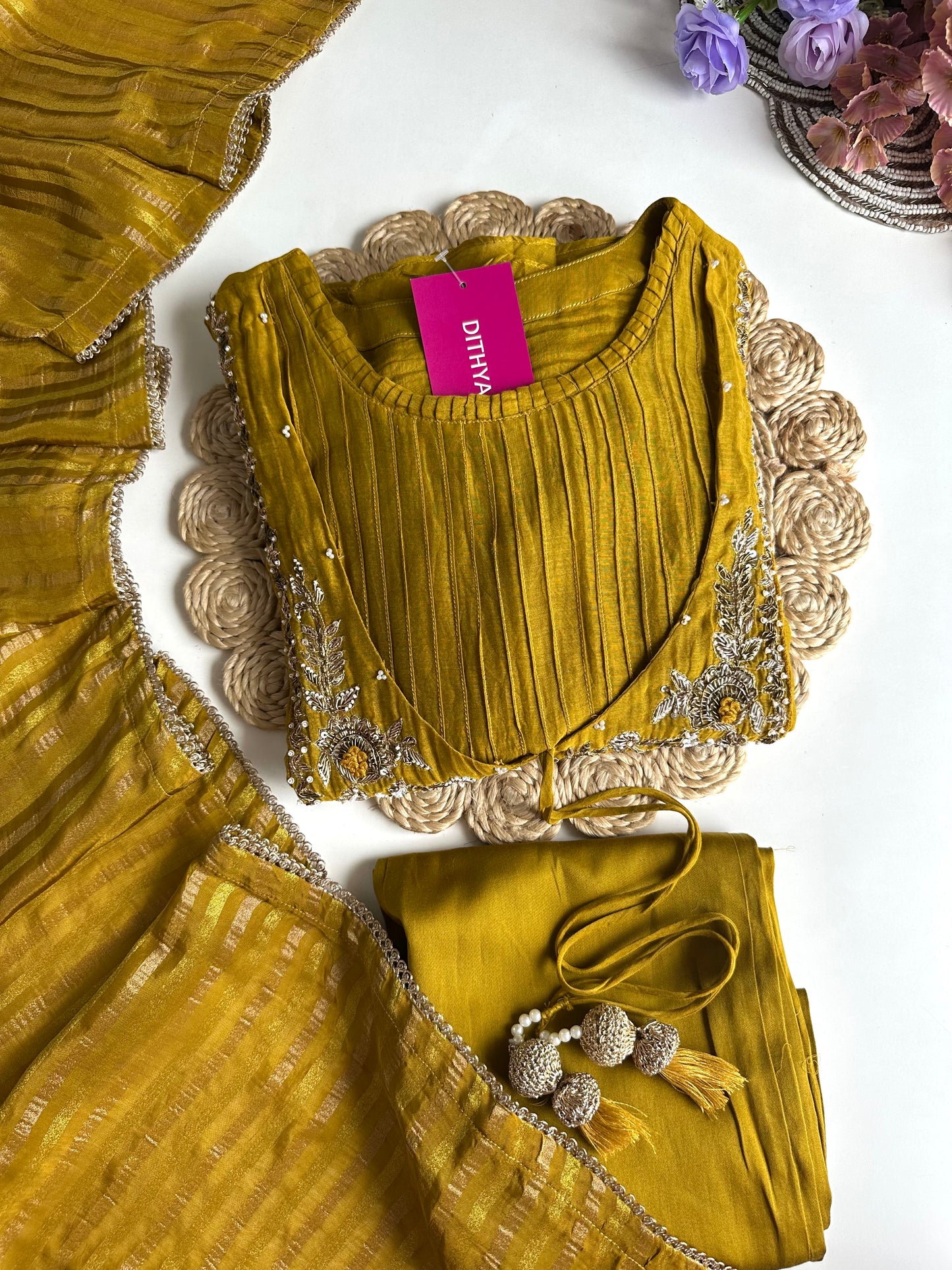K102 - Mul Chanderi handwork Aline Kurti with pants and dupatta in 2 colours