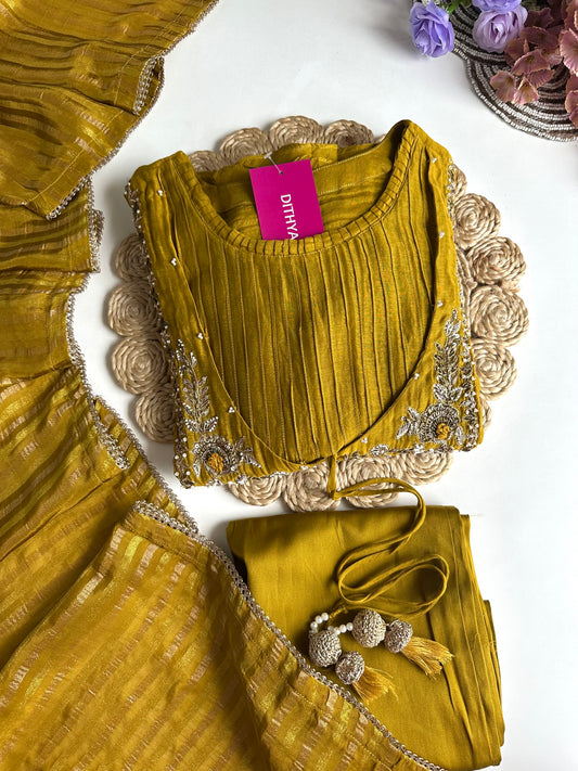 K102 - Mul Chanderi handwork Aline Kurti with pants and dupatta in 2 colours