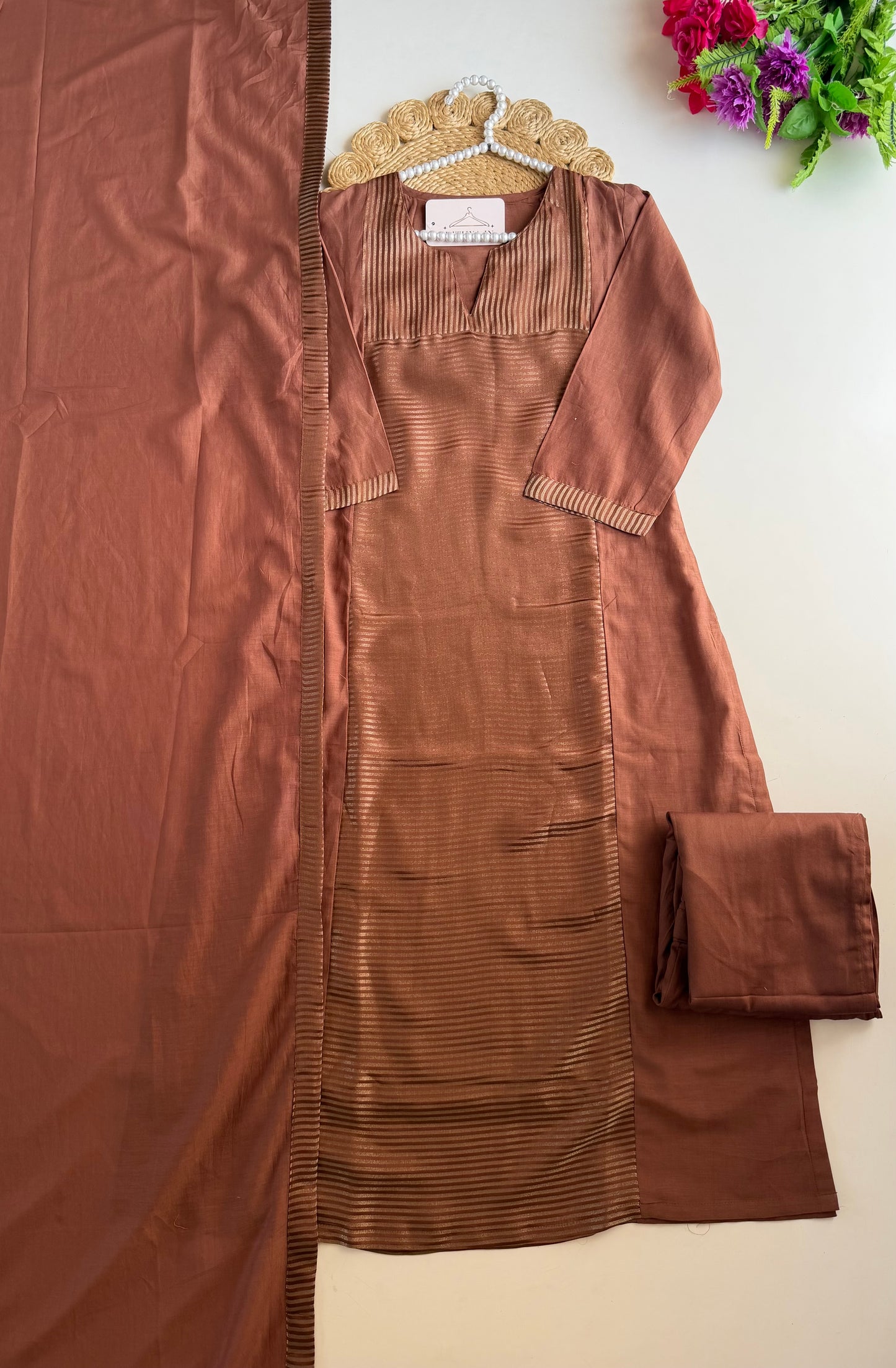K294 - Mul chanderi zari Aline Kurti with pants and dupatta