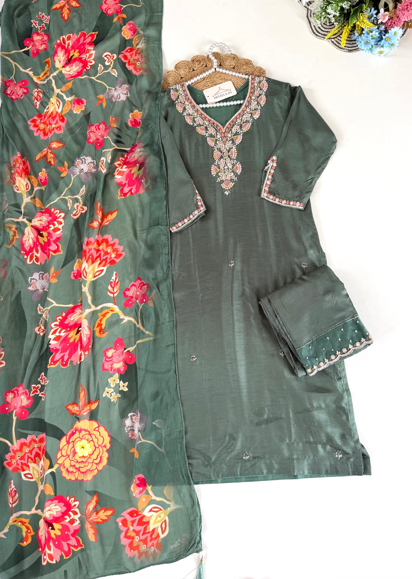 K642 - Dola silk Handwork straight Kurti with pants and dupatta