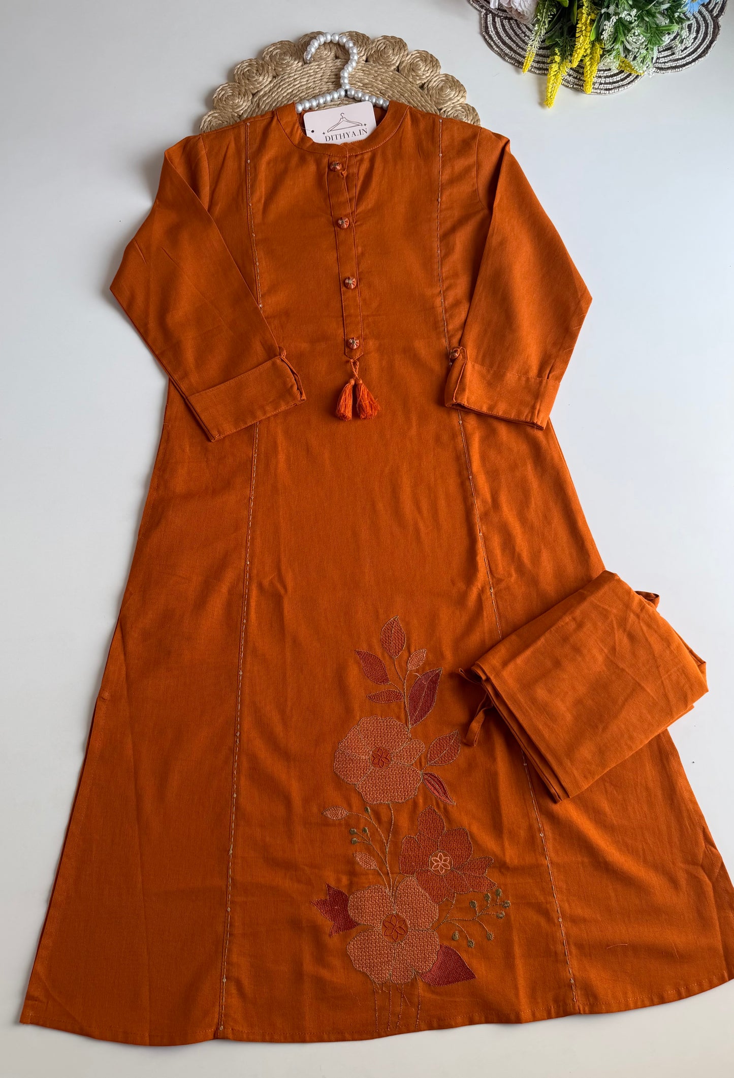 K659 - Linen cotton embroidered Aline Kurti with pants