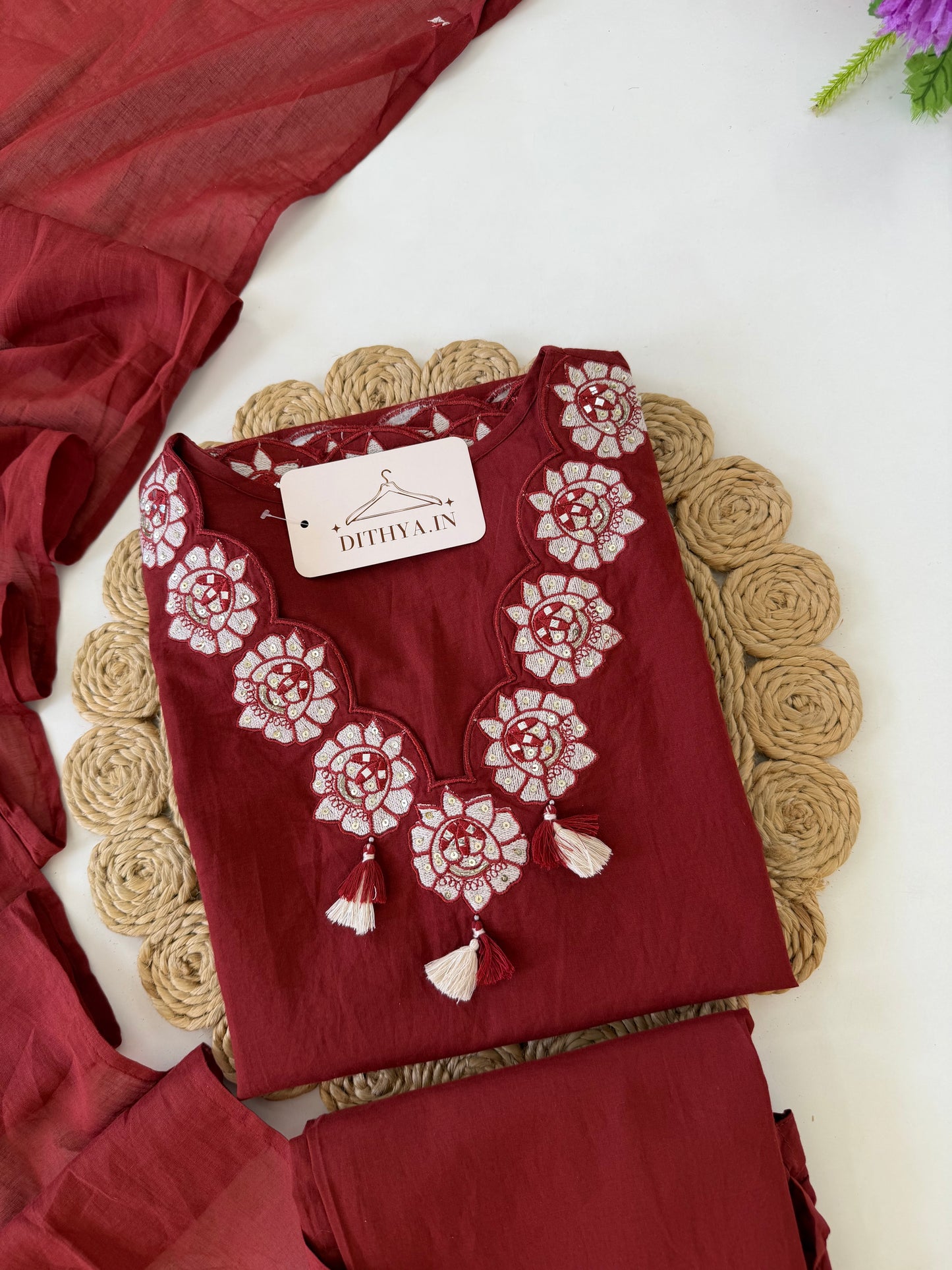 K146 - Mul cotton embroidered straight Kurti with pants and dupatta