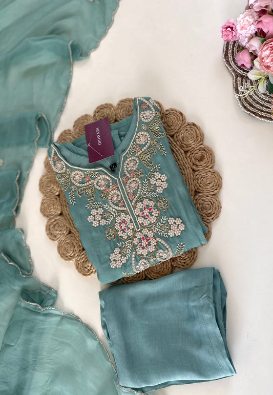 K137 - Viscose organza Handwork straight kurti with pants and dupatta.