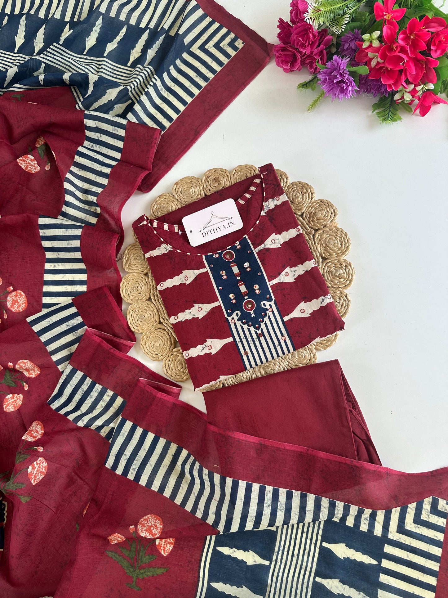 K381 - Mul cotton printed straight Kurti with pants and dupatta