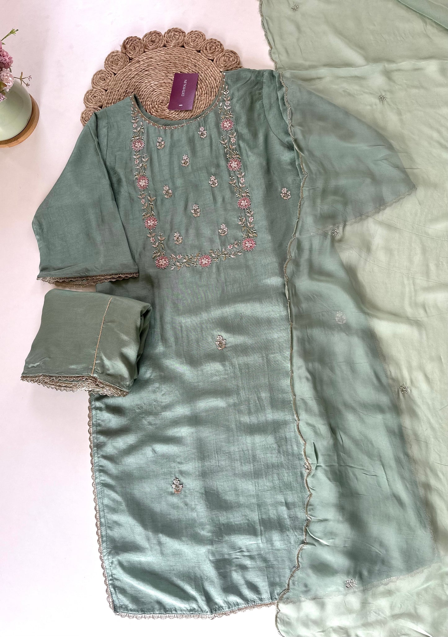 K326 - Handwork Russian silk kurti with palazzo and dupatta .