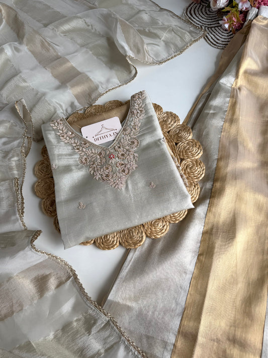 K570 - Tissue silk handwork short Kurti with divider pants and dupatta