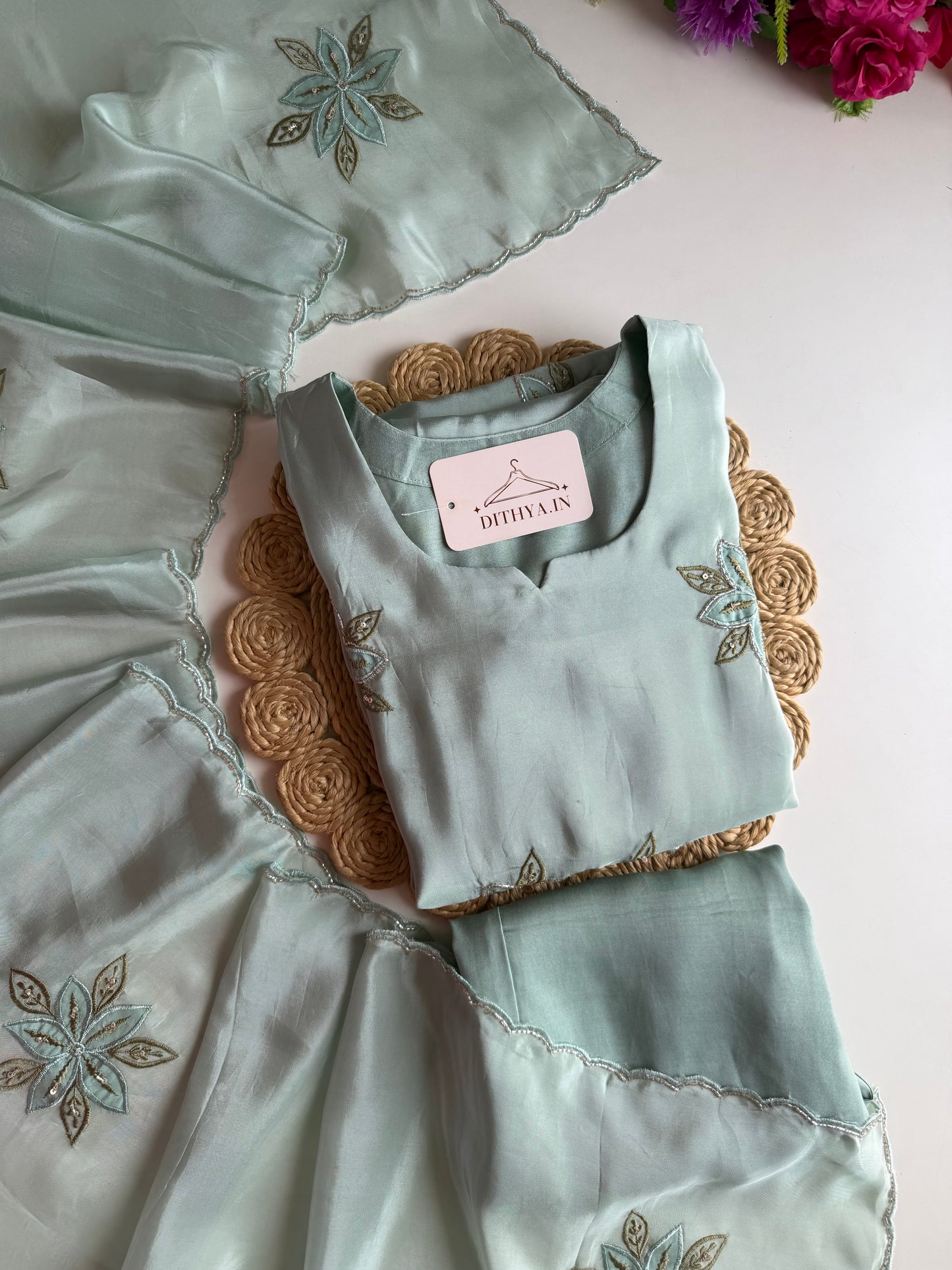 K708 - Pure crape handwork aline Kurti with pants and dupatta
